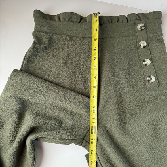 Derek Heart Womans Casual Wide Leg Pants M Olive Green Ruffle Waist Button - Picture 7 of 12